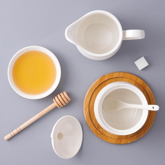Ceramic Sugar and Creamer Set, Coffee Serving Set, 3 Piece Cream Pitcher Sugar Bowl with Lid and Spoon (White)