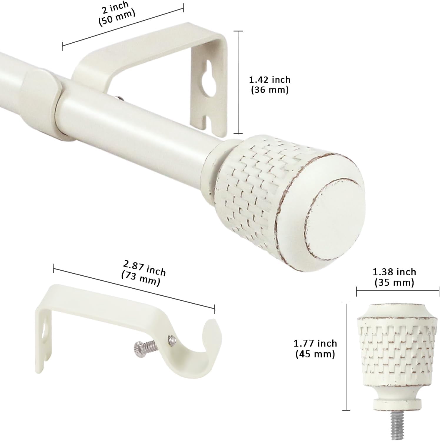 eTeckram 5/8" Single Curtain Rod with Vieve Finials,Weathered White,48‘’-84‘’