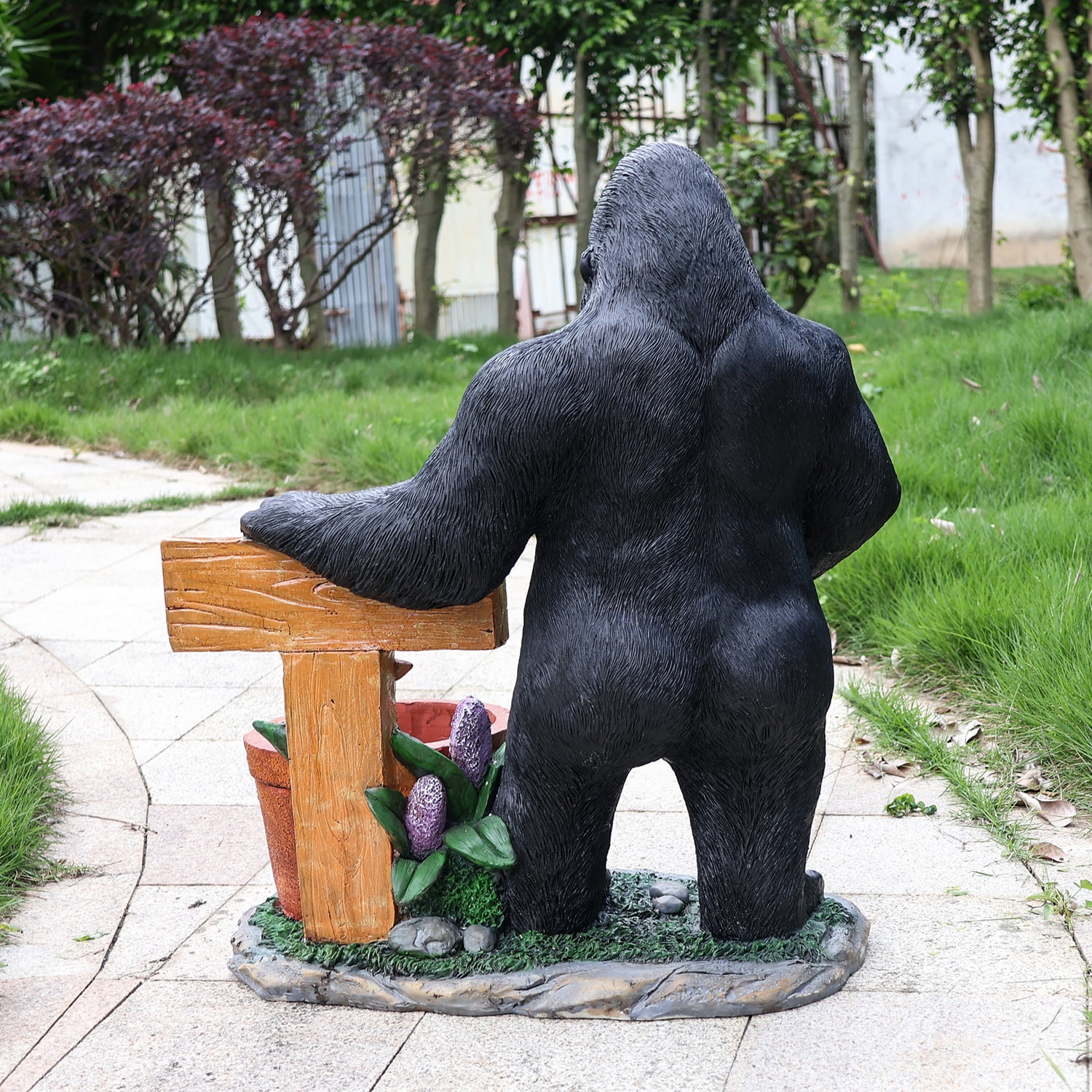 Outdoor Garden Chimpanzee Flower Pot Planter with Welcome Sign, Unique Yard Statue for Patio, Lawn, Garden, Wildlife Themed Decor, Black