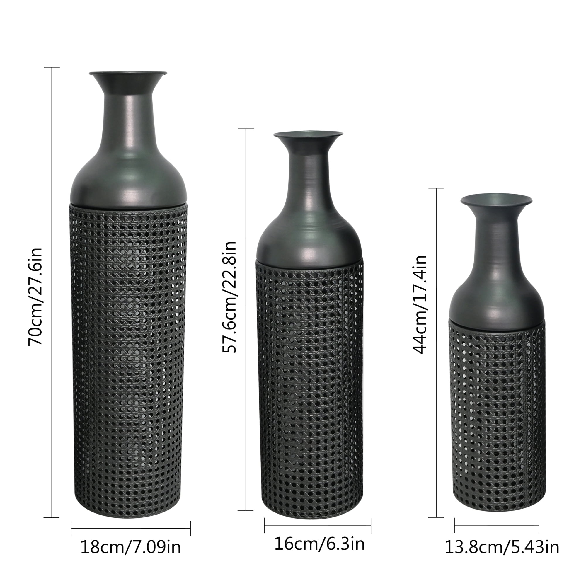 Leumius Decorative Metal Vases Set of 3, Black Grey Leaf Pattern Floor Vases, Black & Grey Tall Vases for Home Decor, Living Room Entryway Decor