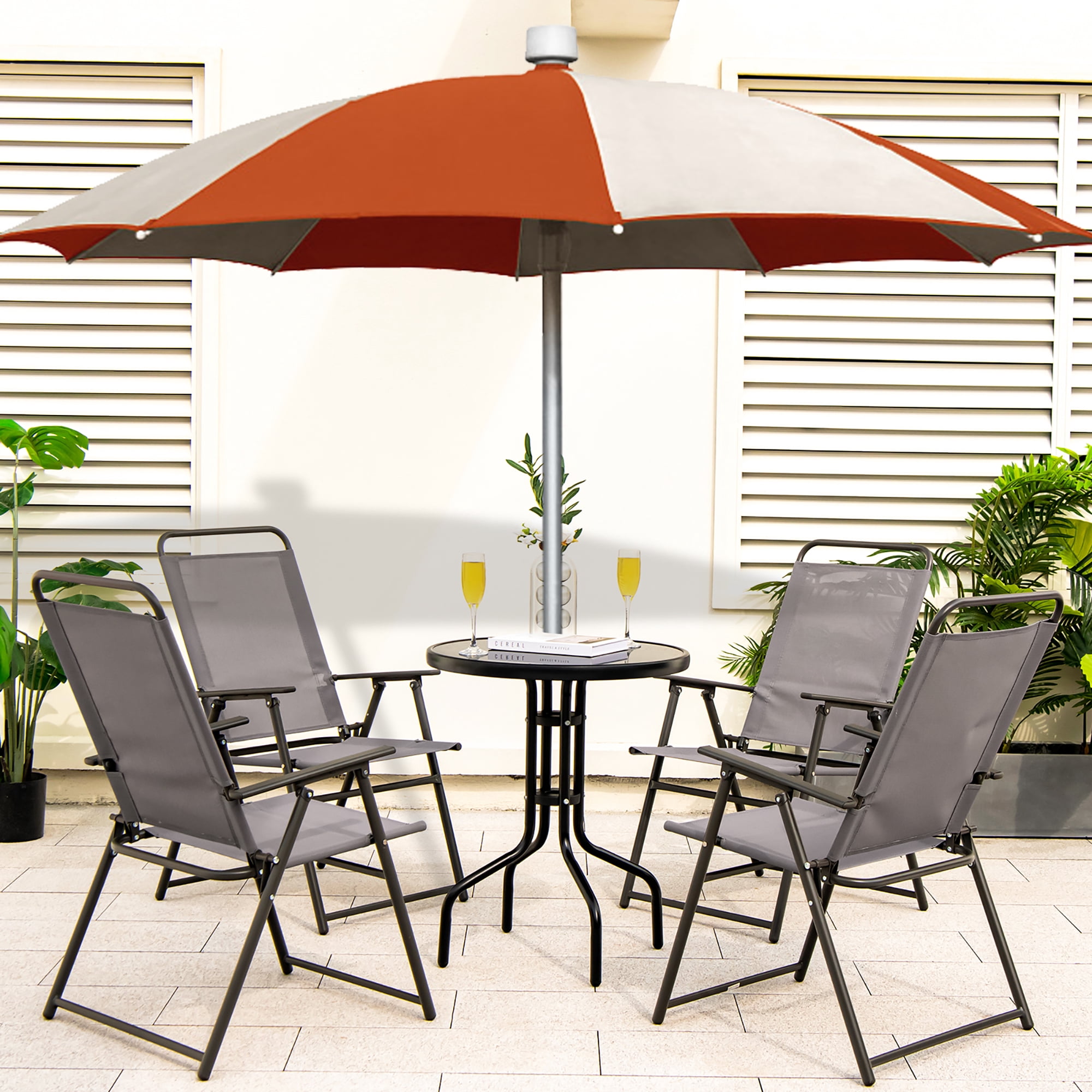 Gymax Set of 4 Folding Sling Chairs Portable chair w/ Dining Armrest Backrest Patio