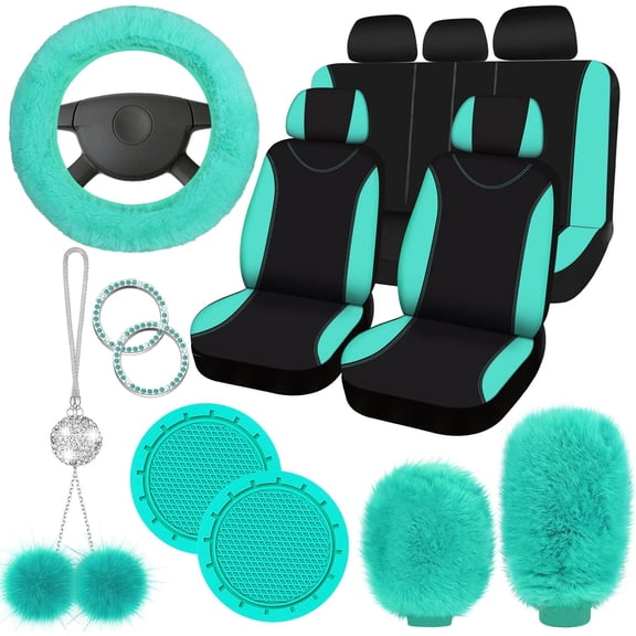 Fluffy Fuzzy Full Set Car Seat Covers with Steering Wheel Handbrake Shift Covers and Hanging Accessory Holder for Vehicle Interior Decoration