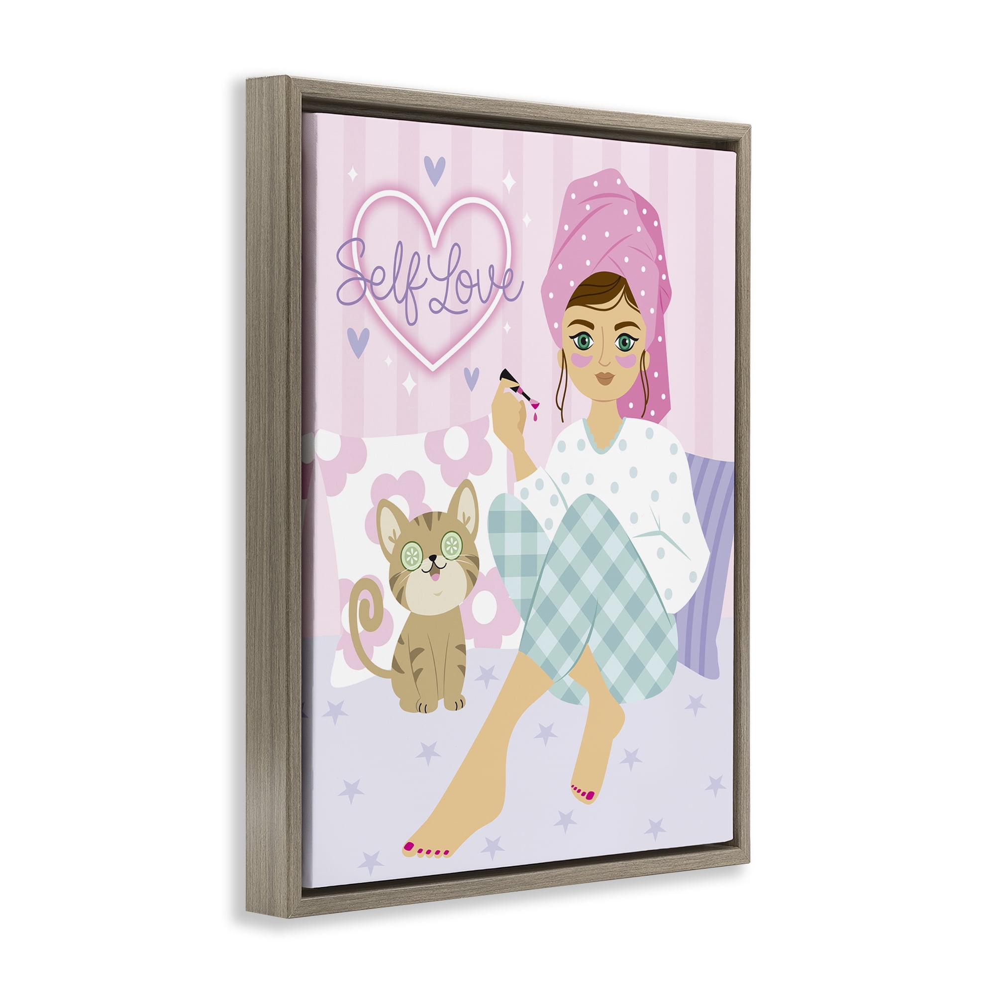 Stupell Industries Self Love Girl & Cat People Painting Brown Floater Framed Canvas Art Print Wall Art, 17 x 21