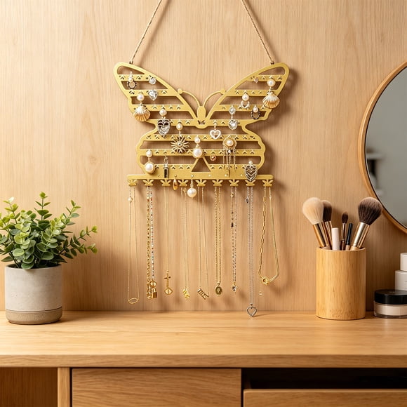 Organizador de joyas de pared con forma de mariposa: estante decorativo de metal para tocador de dormitorio con fácil instalación para collares, pendientes y pulseras.