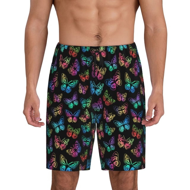 Balery Multicolored Butterflies Pantalones cortos de pijama de punto de algodón para hombre con cinturilla y bolsillos-Large