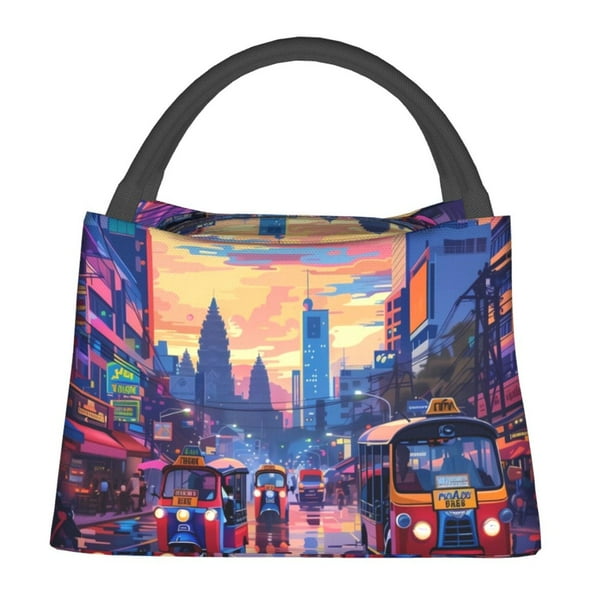 Fotbe Taxi Colorful Town Bolsa Térmica Portátil con Estampado, Bolsa de Entrega de Alimentos Aislada, Bolsa Reutilizable de Gran Capacidad para Comidas y Supermercado
