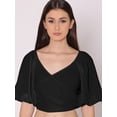 thumbnail image 5 of DressBerry Women's Solid Crop Top Blouse Elbow Length Balloon Sleeves Broad V Neck Casual Summer High Rise Short Slip On, 5 of 7