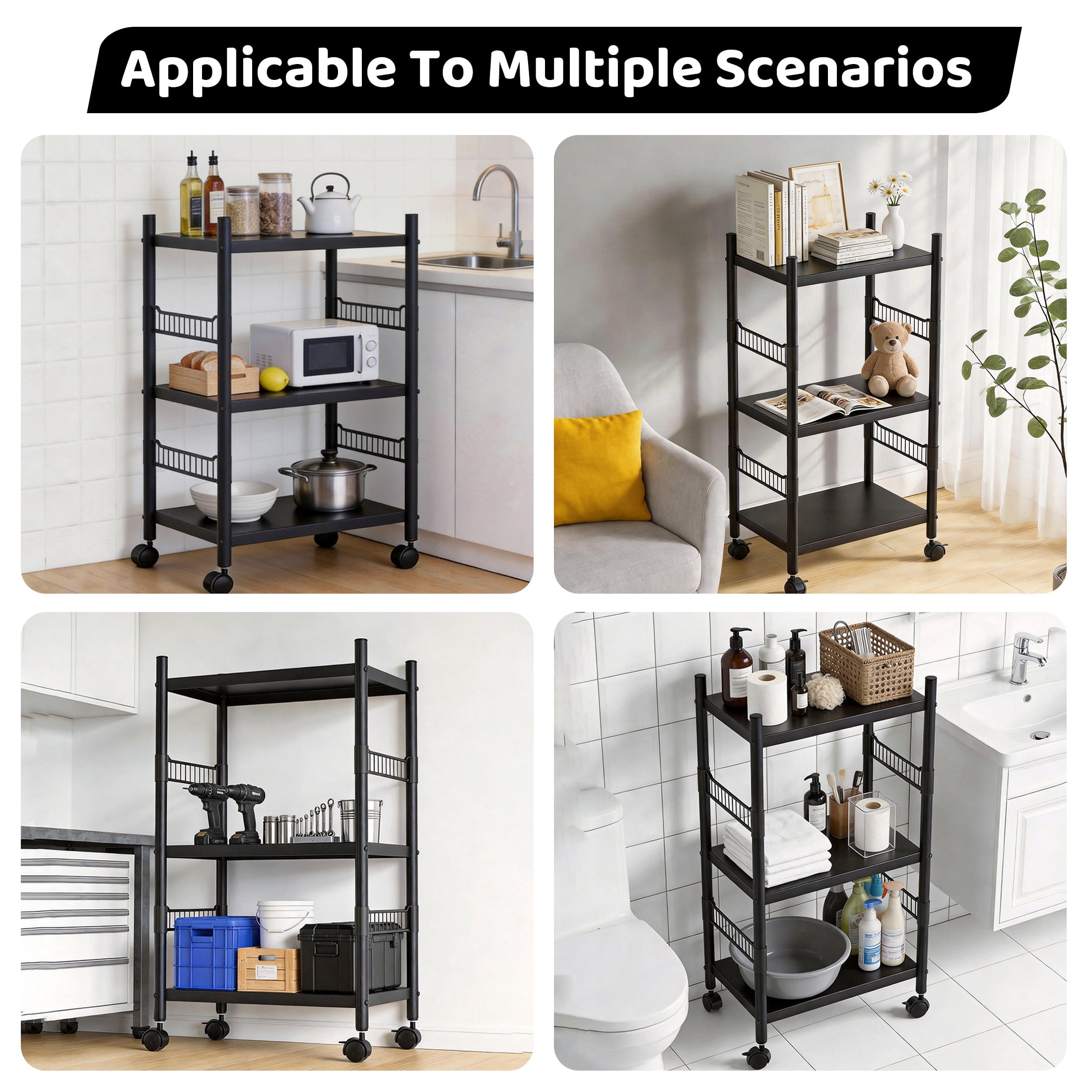 3-Tier Kitchen Microwave Cart, Rolling Utility Storage Cart, Utility Shelf Microwave Stand Storage Cart with Wheels and 4 Hooks, Microwave Oven Storage Cart for kitchens Bathrooms Offices