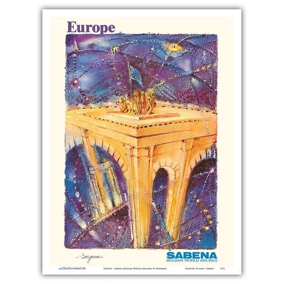 Europe - Triumph Arch - Sabena Belgian World Airlines - Vintage Airline Travel Poster by Bergman - Master Art Print (Unframed) 9in x 12in