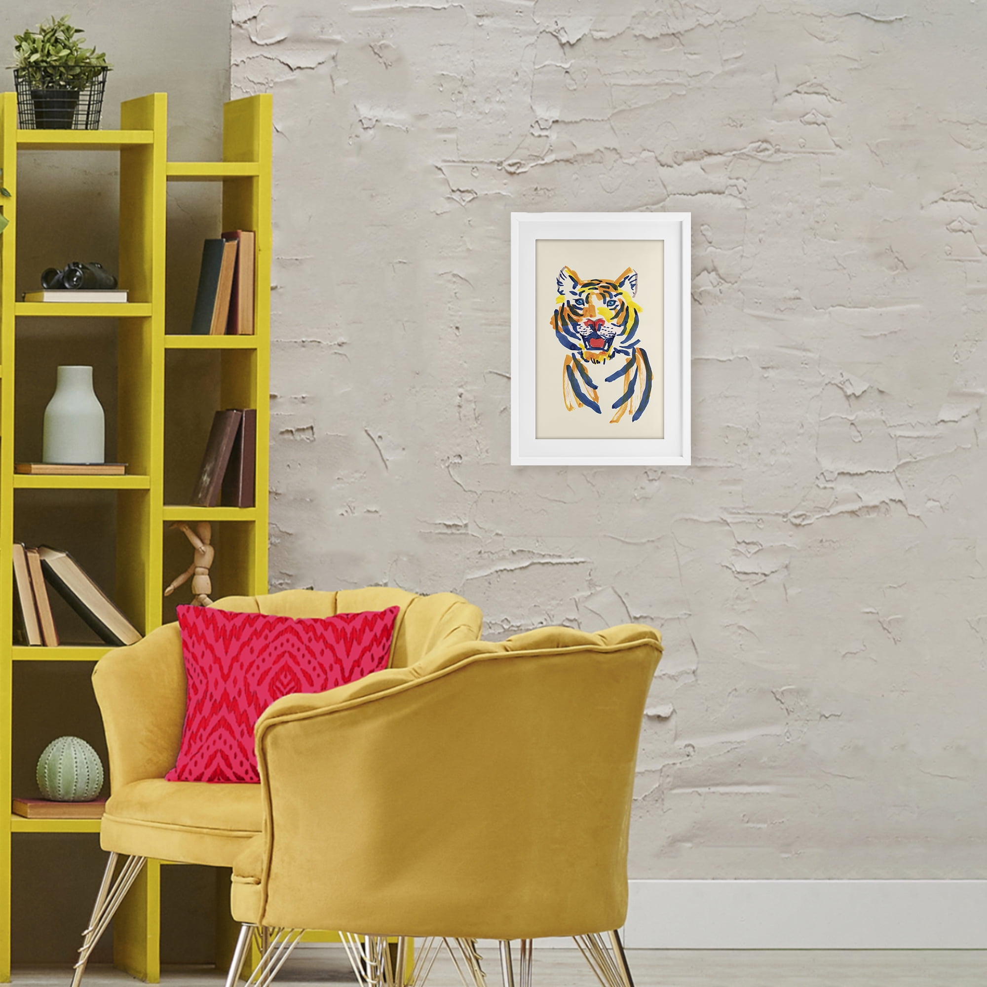 Tiger Roar Watercolor White Framed Print Under Glass, design by Karolina Sato