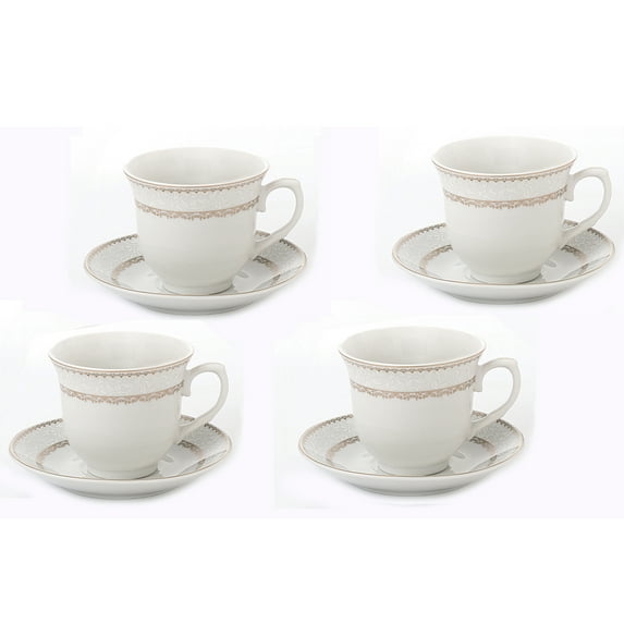Elegant Durable and Colorful Porcelain Tea-Coffee Cups and Saucers Set - 8 oz. Set of 4, Gold