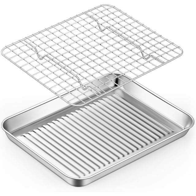 .&#;Stainless Steel Compact Baking Pan Toaster Oven Tray with Cooling Rack Corrugated Bottom & Grid Mesh Rack & HeavyDuty
