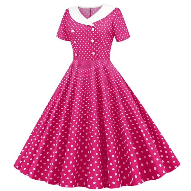 KIHOUT Robe Vintage pour Femmes Manches Courtes Col à Revers Rétro Évasée Midi Robe d'Été Soirée Bal