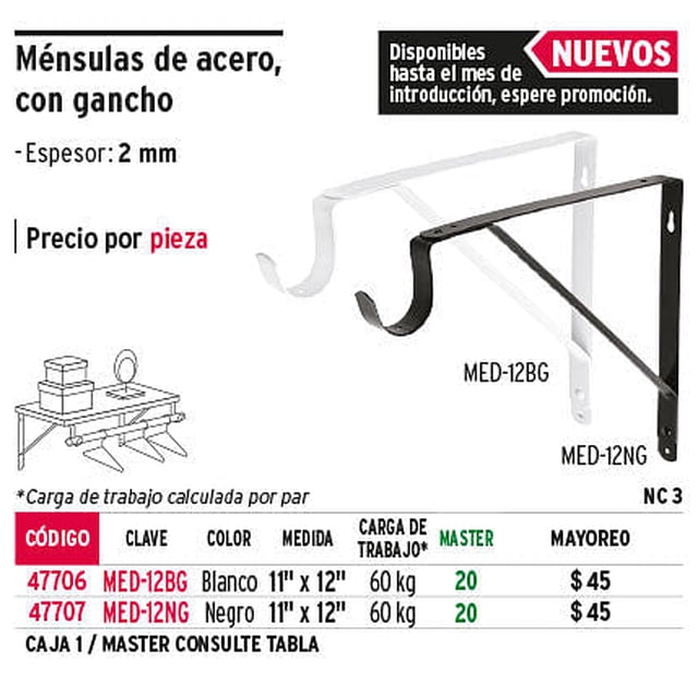Ménsula reforzada blanca con gancho, 11 x 12' Fiero Ménsula reforzada blanca con gancho, 11 x 12'