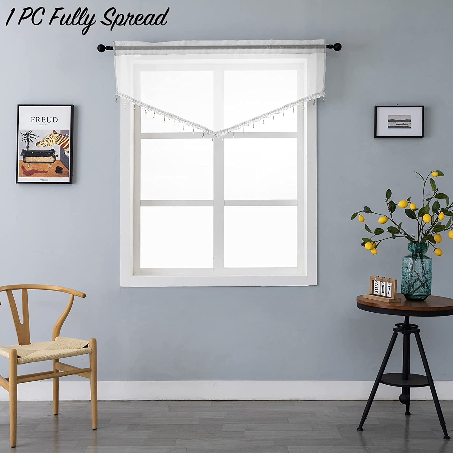 PearAge Curtains Valance for Living Room, Window Sheer Treatment for Kitchen, 51"W x 24"L White 1PC