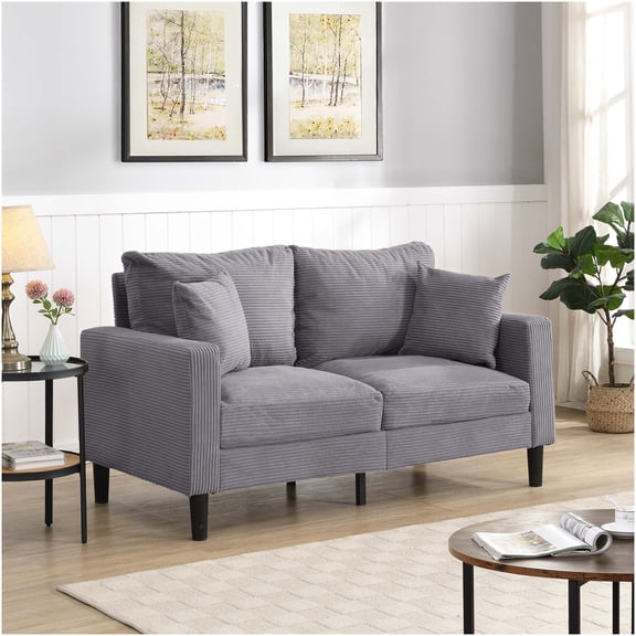 Light Gray Corduroy Loveseat Sofa: 57" Small Space 2-Seater with Pillows for Living Room, Bedroom, Apartment