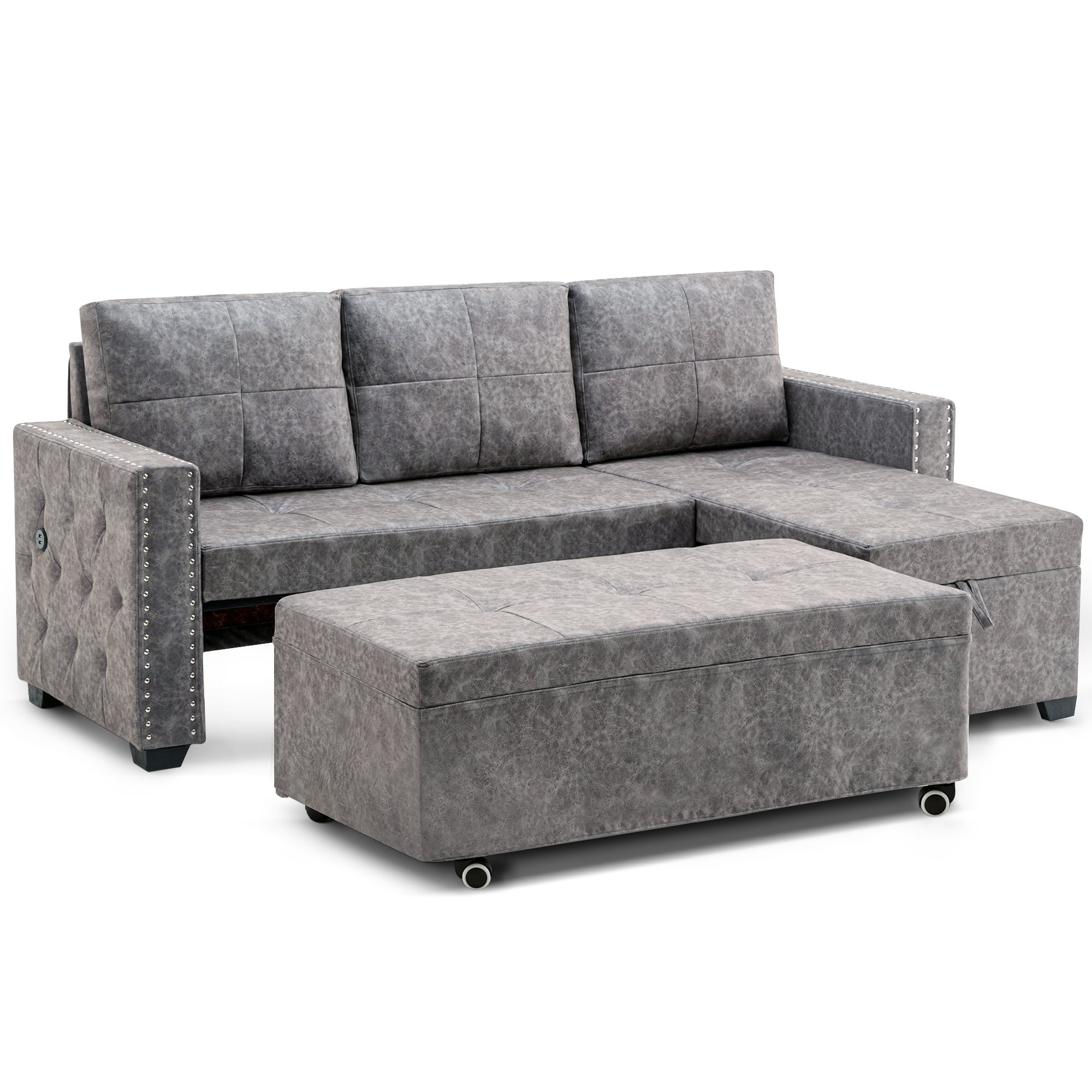 CJC Reversible Sleeper Sectional Sofa w/ Storage Chaise and 2 USB