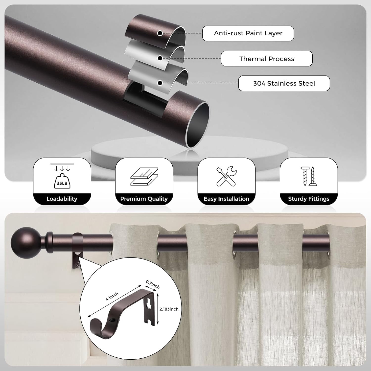 UniMall 2 Pack Red Bronze Curtain Rod, 1 Inch Adjustable Heavy Duty Curtain Rods for Windows 30 to 56 Inch, Decorative Modern Window Treatment Rods, Splicing Metal Drapery Pole, Easy Installation