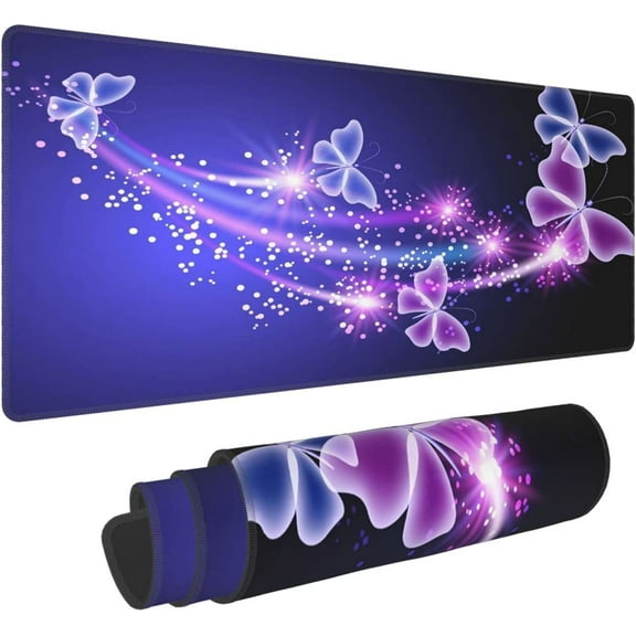 Glowing Butterfly Extended Mouse Pad 31.5x11.8 Inch XL Purple Pink Butterflies Non-Slip Rubber Base Large Gaming Mousepad Stitched Edges Waterproof Keyboard Mouse Desk Pad for Office Home