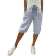 thumbnail image 2 of Linen Shorts for Women 2026 Summer Cotton Linen Bermuda Shorts Drawstring Waist Knee Length Beach Shorts with Pockets Light Blue L, 2 of 7