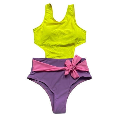 Aayomet Swimsuit Women Tummy Control Women s One Piece Swimsuit Striped Scoop Neck Cross Back Beach Swimwear Bathing Suits Yellow S