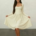 thumbnail image 5 of YueHuiYing Women's Square Neck Long Sleeve Fitted Waist Solid Color Mid-Length Dress Long Sleeve Square Neck Knee-Length Dress, 5 of 5