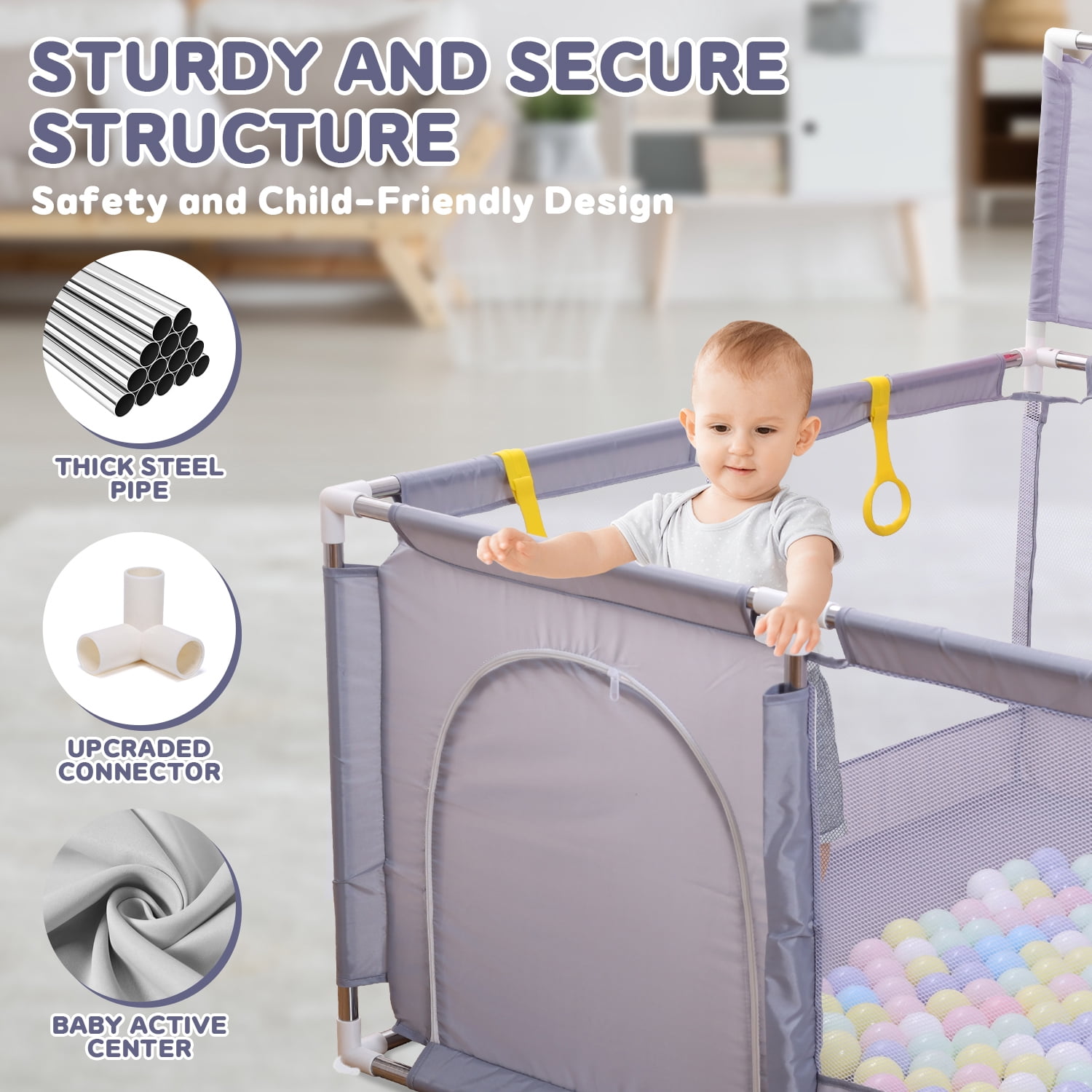 JoyStone 50 x 50 Baby Playpen with 30 Ocean Balls, Soft Mesh Sides, Basketball Hoop & Pull Rings, Indoor Baby Fence for Toddlers, Grey