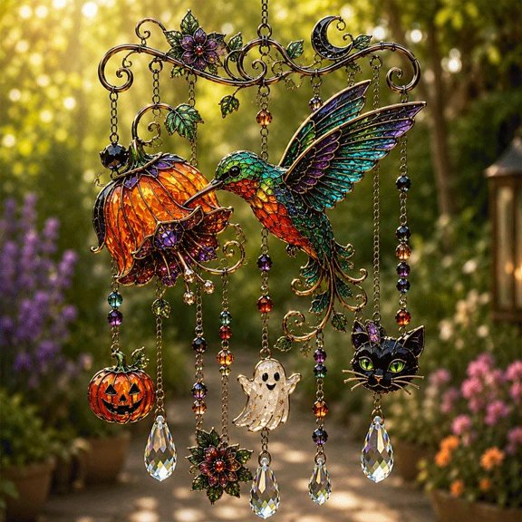 11.81" Halloween-Themed Crystal Wind Chime, Stained Glass Halloween Ghost and Witch Hanging Decor, Acrylic Spooky Suncatcher Hanging Fall Decor for Garden Window Balcony Tree Yard