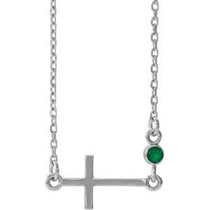 Created Emerald Cross - Sterling Silver Chatham® Created Emerald Sideways Accented Cross 16-18