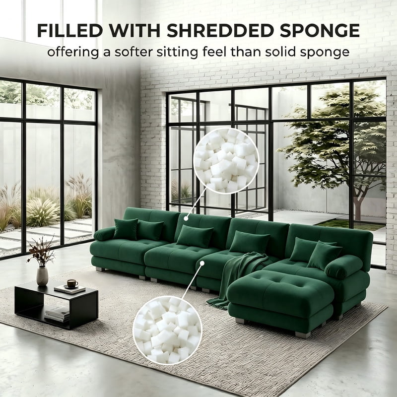 ANPPORT Cloud Couch Sleeper Sofa, Chenille Green 4-Seater Modular Sofa with 1 Ottomans, 4 Lumbar pillows, 2 Pillows, Comfy Deep Seat Cloud Sofa, Convertible L-Shaped Floor Couch for Living Room