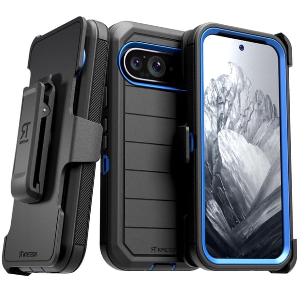 Funda para Google Pixel 9 (2024) con Clip para Cinturón y Soporte, Funda Protectora de Doble Capa sin Pantalla a Prueba de Golpes para Pixel 9 - Negra y Azul