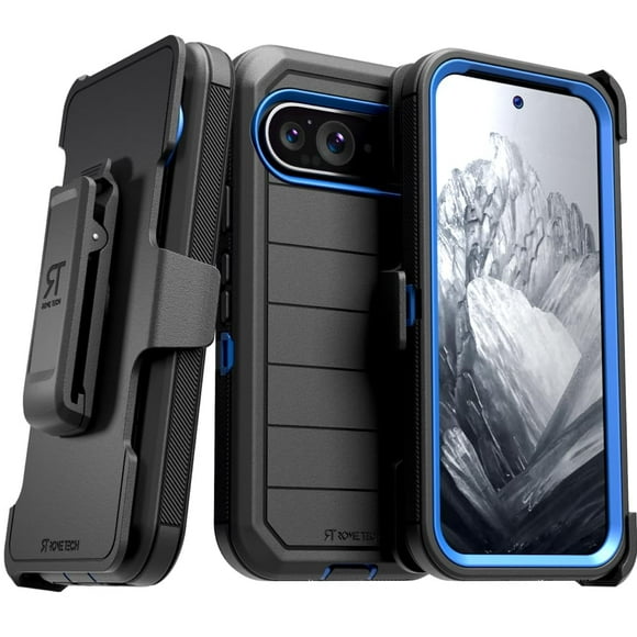 Funda para Google Pixel 9 (2024) con Clip para Cinturón y Soporte, Funda Protectora de Doble Capa sin Pantalla a Prueba de Golpes para Pixel 9 - Negra y Azul