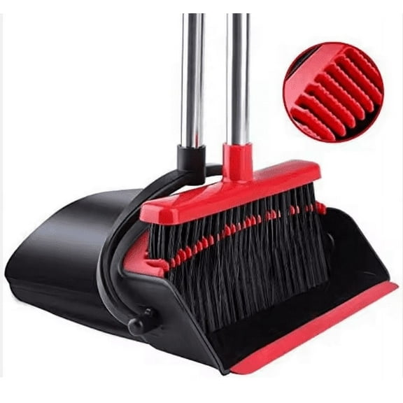 Red and Black Broom and Dustpan Set – Upright Standing Broom with Long Handle & Snap-On Dustpan – Indoor Sweeping Set for Home, Kitchen, or Office – Space-Saving, Durable Design