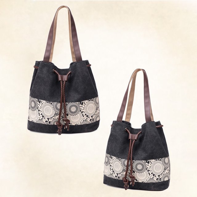 Bolso de hombro Bolso tipo cubo para mujer Bolso tote con cordón Lona Casual Ocio diario (Negro)