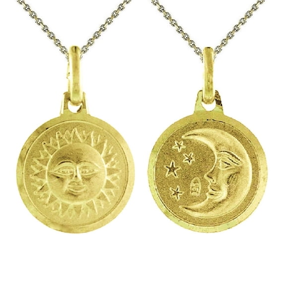 925 Sterling Silver Yellow Gold Plated 1mm Cable Chain Necklace w/ 2-sided Sun & Crescent Moon Pendant Charm