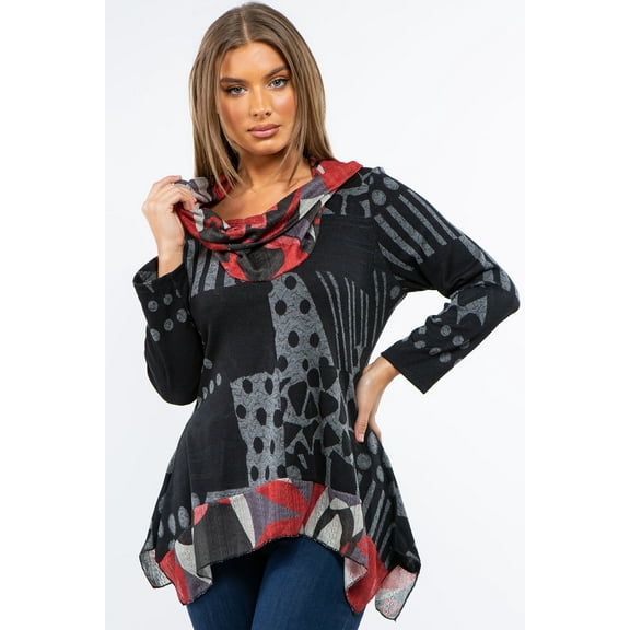 Women's Gray/Red Patchwork Tunic Top with Cowl Neck