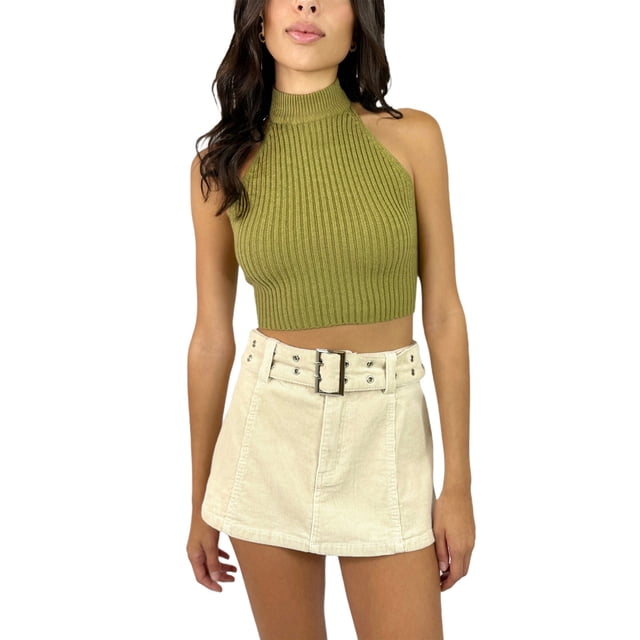 Txlixc Tirantes femeninos halterneck blusa casual de verano color sólido cuello alto sin mangas blusa sin espalda corta ropa callejera Txlixc moda