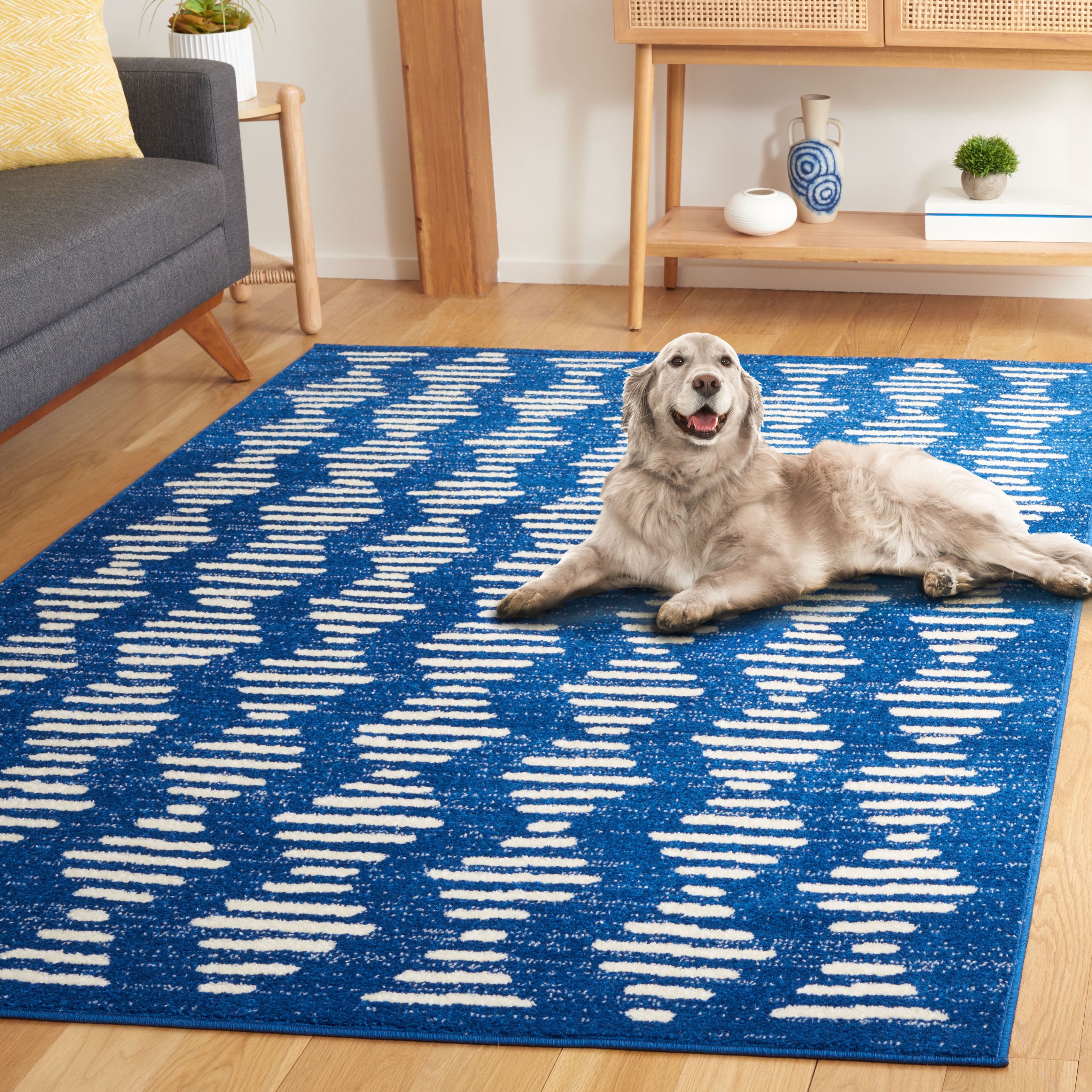 SAFAVIEH Tulum Lancaster Geometric Striped Area Rug, Navy/Ivory, 9' x 12'
