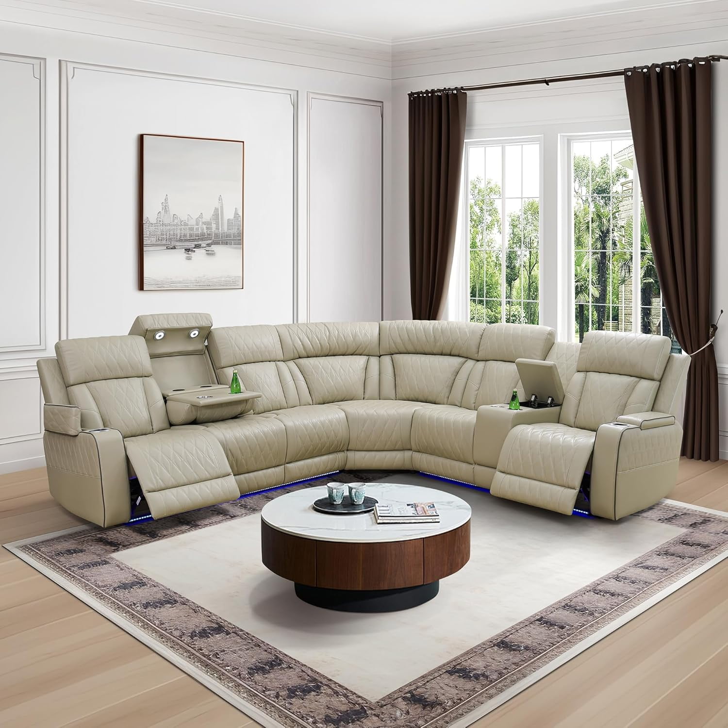 Power Recliner Sectional Sofa with LED Light, Breathing Leather Power Reclining Sofa, Sectional Reclining Couch with USB Port/Cup Holder/Storage for Living Room (Beige)