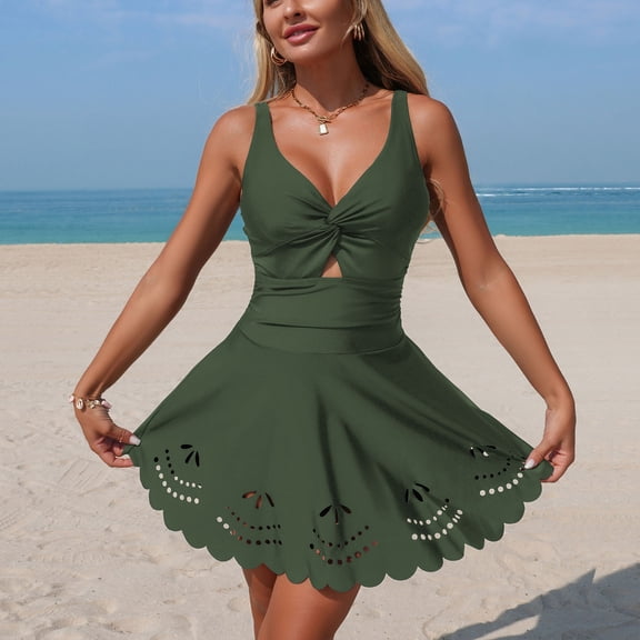 Sakmal One Piece Swimsuits for Women Tummy Control Swim Dress Bathing Suit Green V Neck Stretchy Womens Bthing Suit L