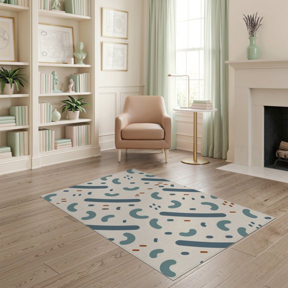 ODIKA 4'x6' Blue Teal Abstract Geometric Pattern Washable Area Rug Modern Spa-Inspired Curved Stain Resistant, Low Pile, Easy Care for Dorm Room, Small Living