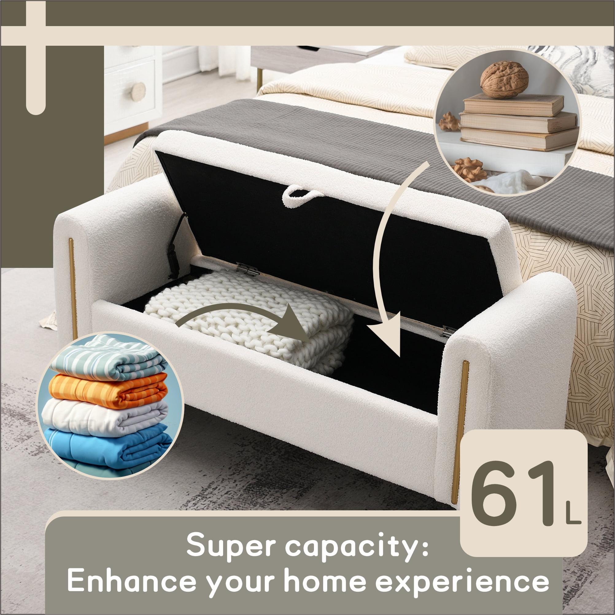 QianYueLUX 52" Storage Ottoman Bench with Armrests, White Teddy Fabric, 250lbs Capacity, Multi-Functional Footrest for Bedroom & Entryway