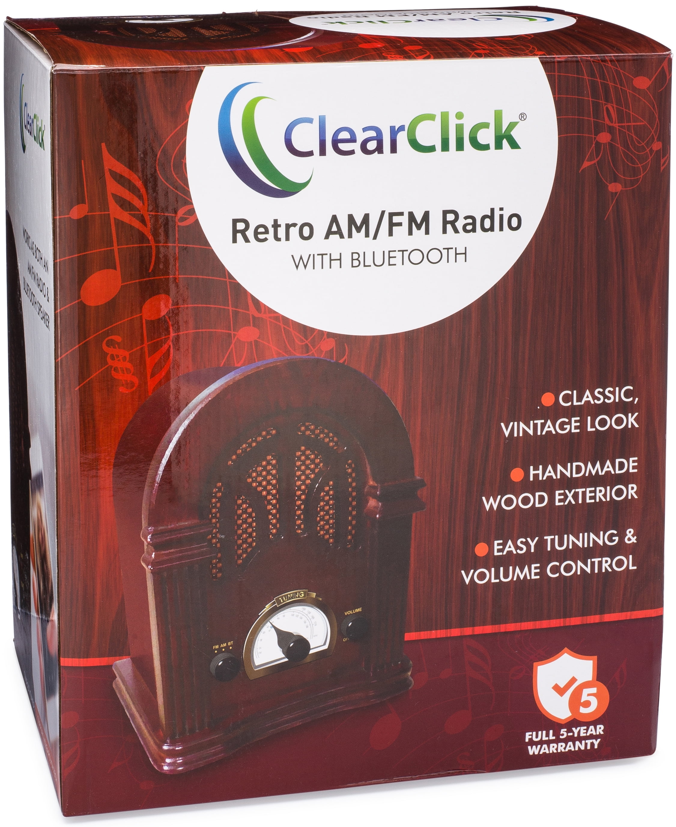 ClearClick Vintage Style AM/FM Radio with Bluetooth Handmade Wooden Exterior with Classic Retro Look 