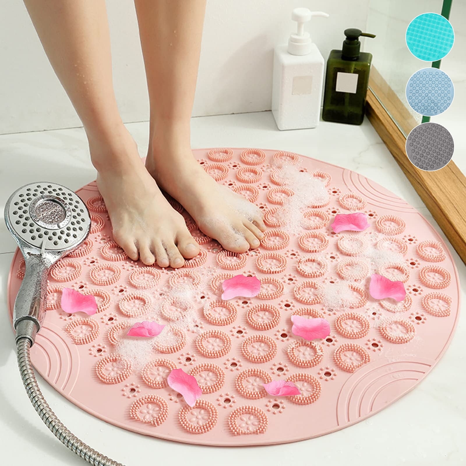 Semfri Round Non-Slip Shower Mat 22 x 22 Inch Textured Massage Surface Middle Drain Hole Pink