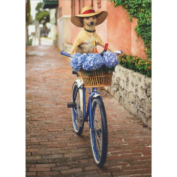 Avanti Press Dog Riding Blue Bicycle with Blue Flowers in Basket on Red Brick Road Mother's Day Card