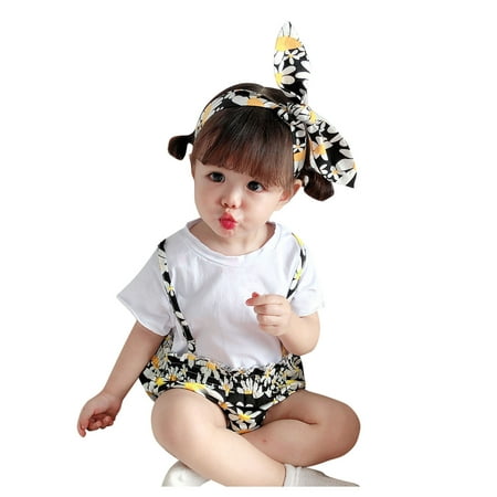 

MELDVDIB Baby Romper Infant Baby Girls Short Sleeve Floral Print Suspender Romper Bodysuit+Headbands Gift on Clearance