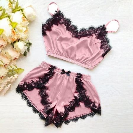 

Valentines Day Gifts! UHUYA Sexy Lingerie For Women Shorts Women V-Neck Lace Splicing Eyelash Sexy Camisole Pajamas Bowknot Shorts Set Pink L