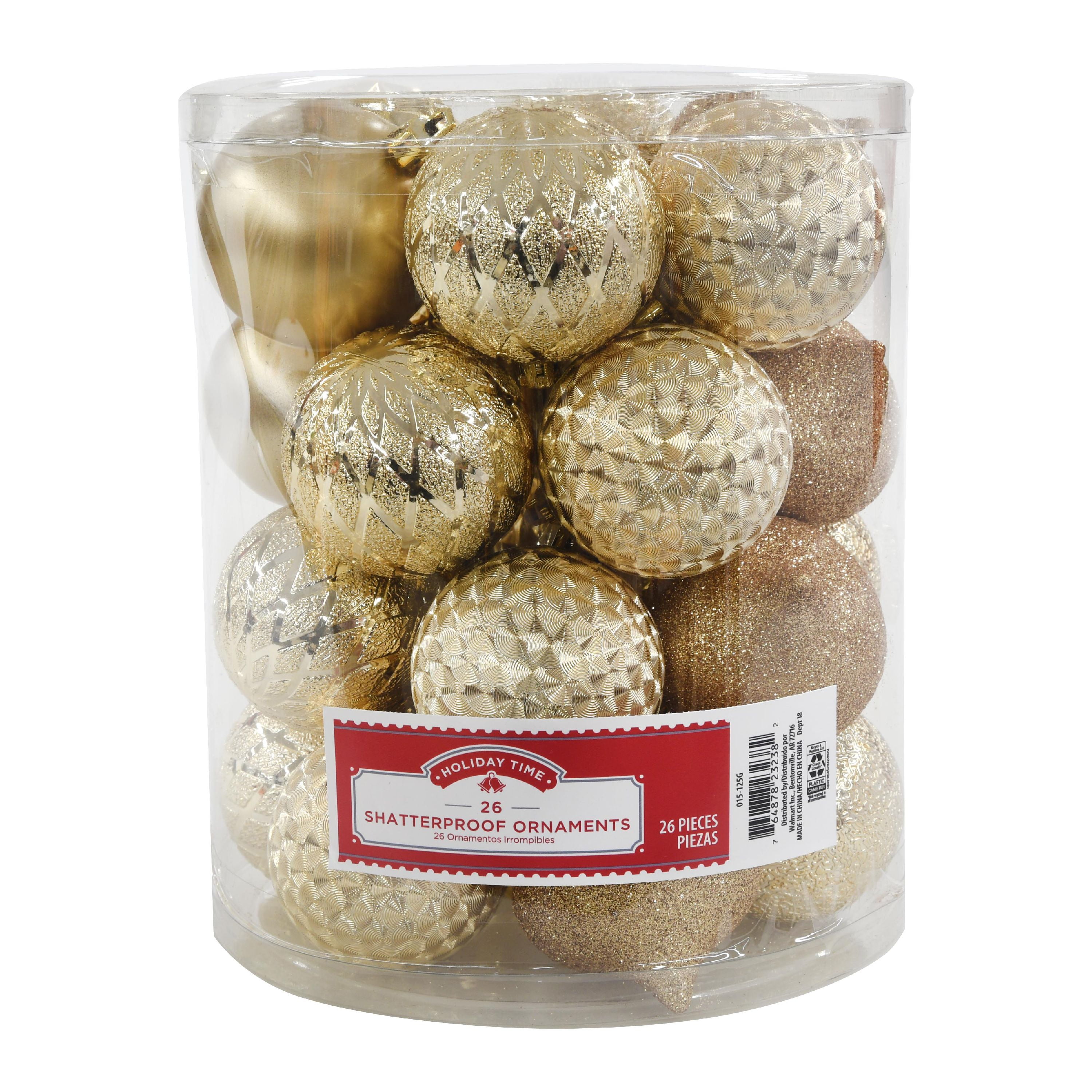 Holiday Time Shatterproof Ornaments, Gold, 26 Count