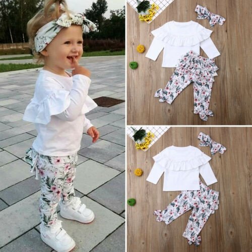 Tenues pour Tout-Petits Fille Bébé Vêtements Volants Hauts Floraux Pantalons Leggings Bandeau Ensemble 3 Pcs 0-5 Ans