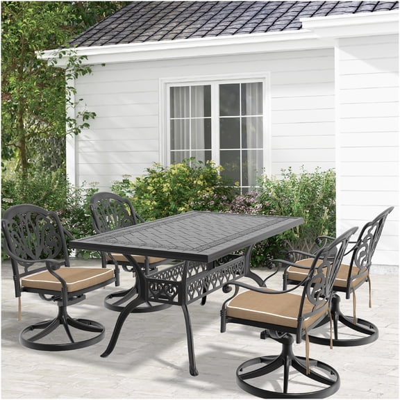 5-Piece Black Cast Aluminum Patio Dining Set with Swivel Chairs and Rectangular Table, All-Weather Outdoor Furniture